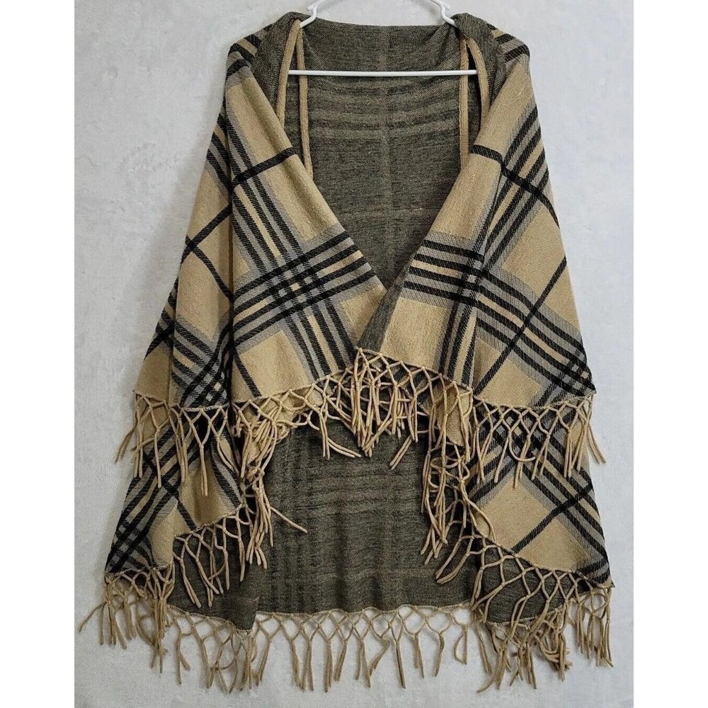Coco Carmen Sweater Vest Wrap Cardigan Tan Gray Tartan Plaid Fringed One Size